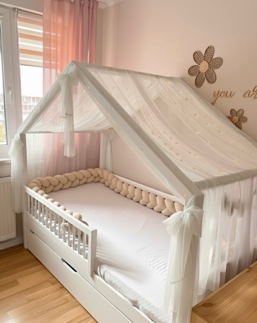 Hausbettvorhang -Ecru mit 3 Dekoschleifen