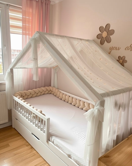 Hausbettvorhang -Ecru mit 3 Dekoschleifen