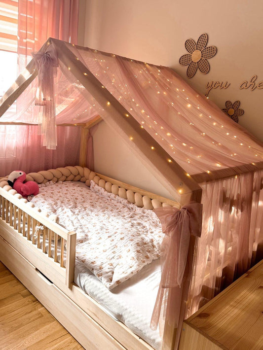 Hausbettvorhang -Altrosa mit 3 Dekoschleifen