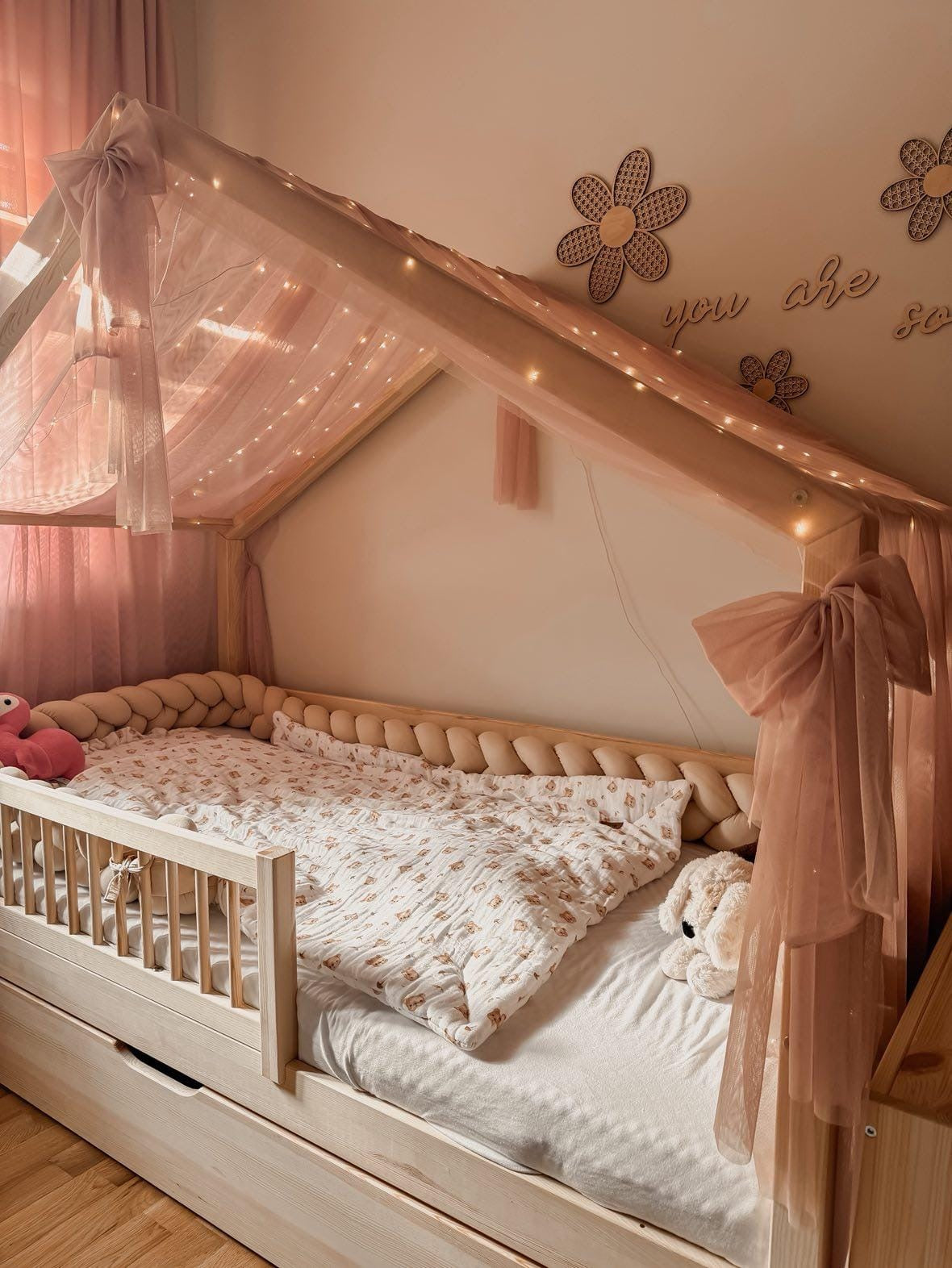 Hausbettvorhang -Altrosa mit 3 Dekoschleifen