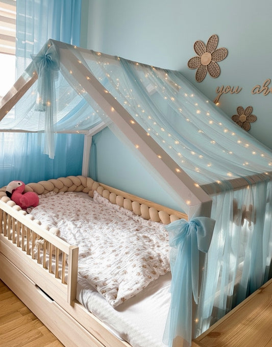 Hausbettvorhang -Babyblau mit 3 Dekoschleifen