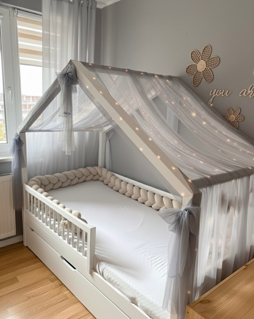 Hausbettvorhang -Grau mit 3 Dekoschleifen