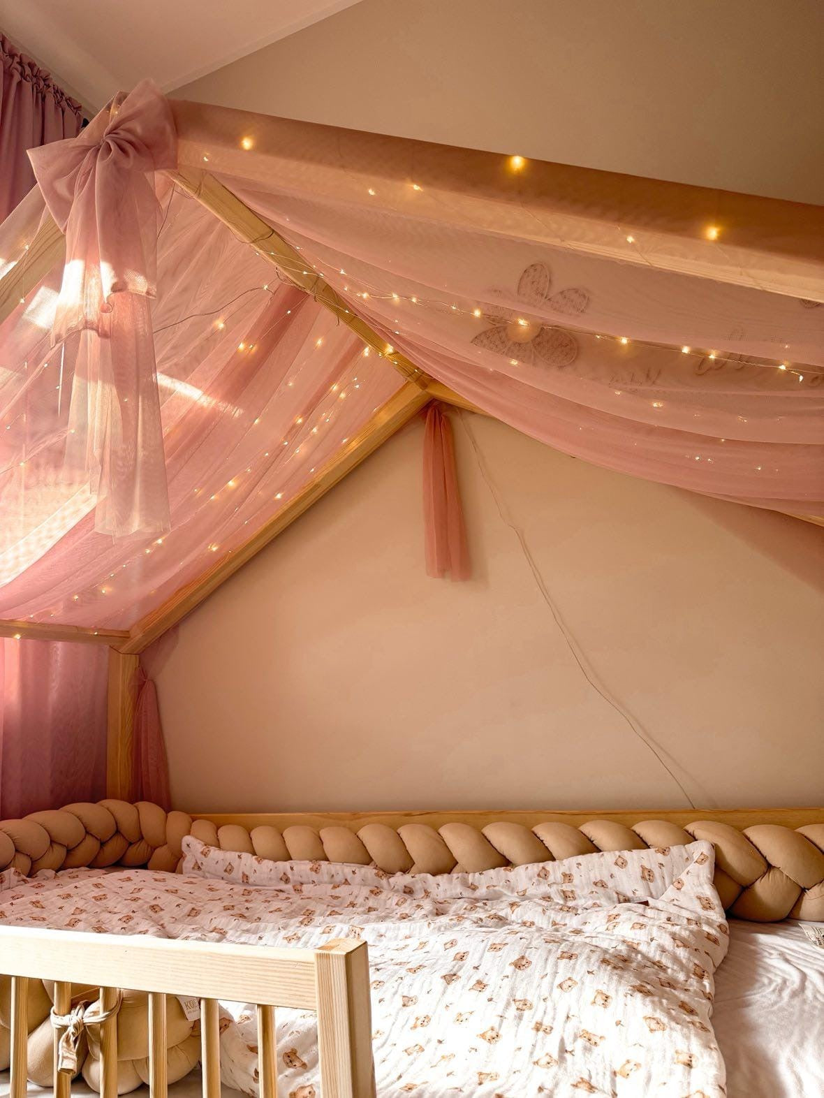 Hausbettvorhang -Altrosa mit 3 Dekoschleifen