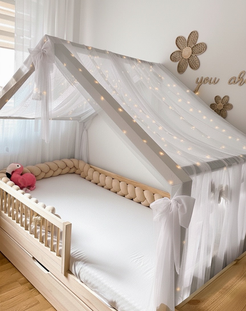 Hausbettvorhang -Weiß mit 3 Dekoschleifen