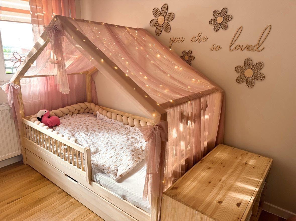 Hausbettvorhang -Altrosa mit 3 Dekoschleifen