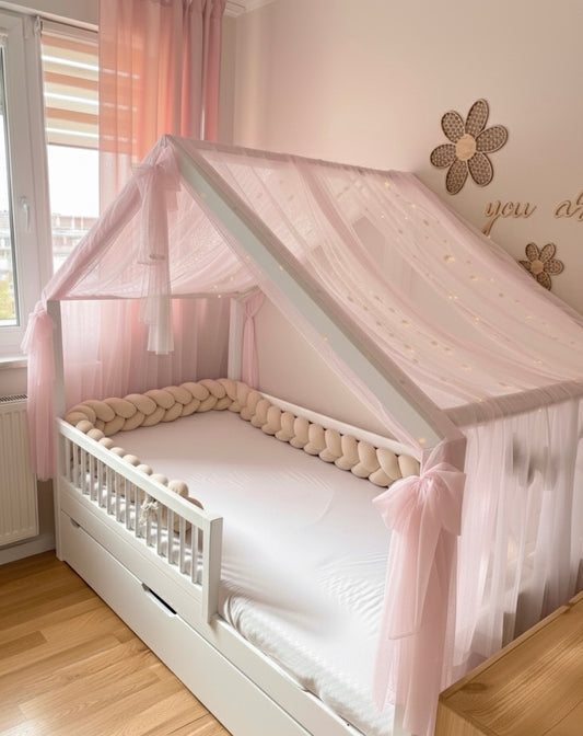 Hausbettvorhang -Hellrosa mit 3 Dekoschleifen