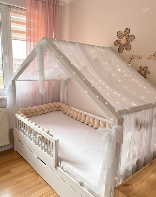 Hausbettvorhang -Weiß mit 3 Dekoschleifen