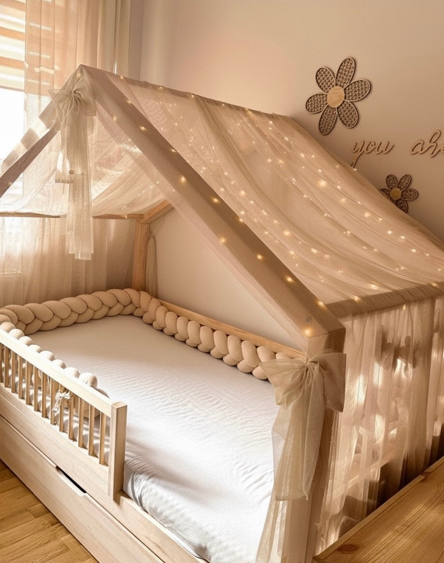 Hausbettvorhang -Kühlbeige mit 3 Dekoschleifen