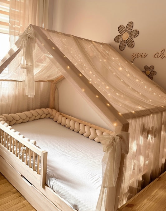 Hausbettvorhang -Kühlbeige mit 3 Dekoschleifen